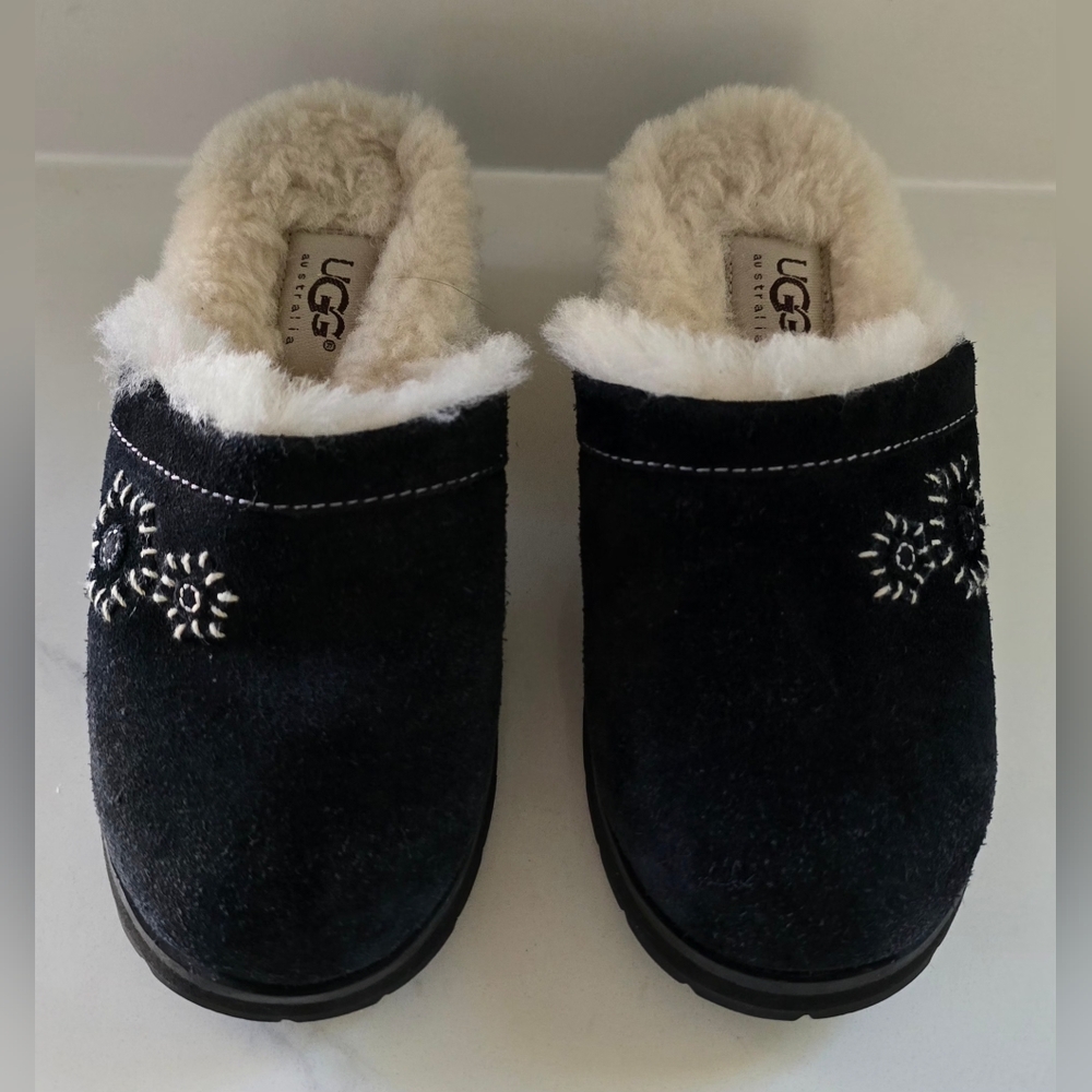UGG‎ Australia Clogs Heels Fur Lined Black Suede Girls Size 1
